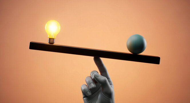 A hand balancing a beam with a glowing light bulb and a heavy sphere. Conceptual representation of weighing an idea against reality. Ideal for business strategy and innovation marketing materials.