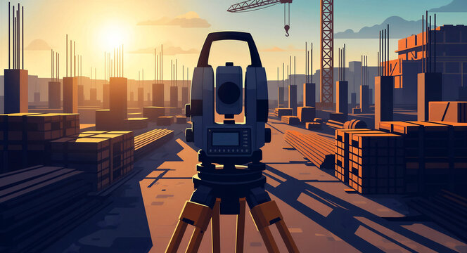 Surveying total station on tripod at a construction site. Scene features cranes, materials, and structures during a golden sunset. Engineering concept for urban development and building projects.