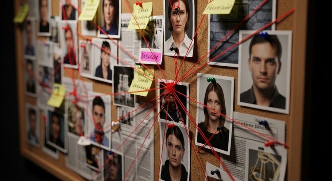 Detective board with photos connected by red string. Investigation wall with evidence, note, and suspect face portrait. Criminal case analysis by policeman or investigator for crime drama.