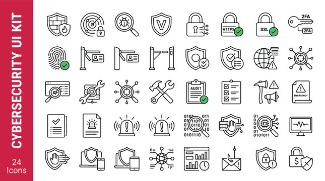 Cybersecurity UI kit line icon set featuring data protection, network security, firewall, SSL, biometric access, hacking, phishing, virus scan, and internet safety thin line vector symbols.