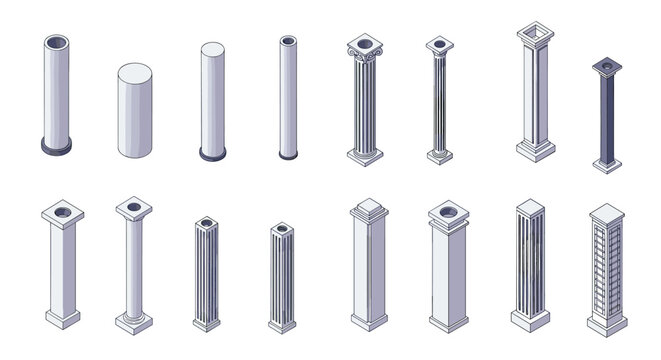 Set of various architectural columns and pillars in different styles from simple round to ornate decorative designs.