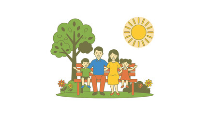 Fototapeta premium Happy Family Sitting on Park Bench with Father Mother and Children in Nature Vector Art
