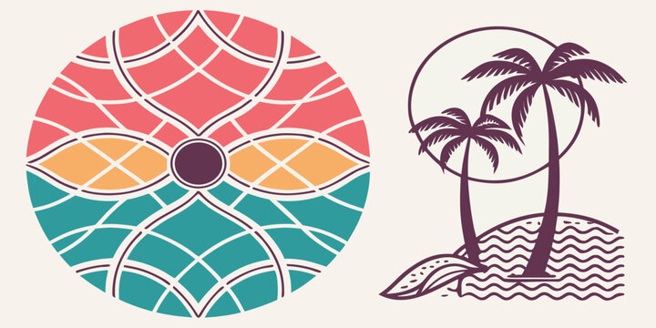 Colorful mandala design with tropical beach scene line art illustration