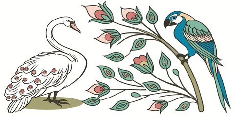 Obraz premium Hand Drawn Swan and Parrot Perched on Tree Branch with Leaves Line Art Illustration