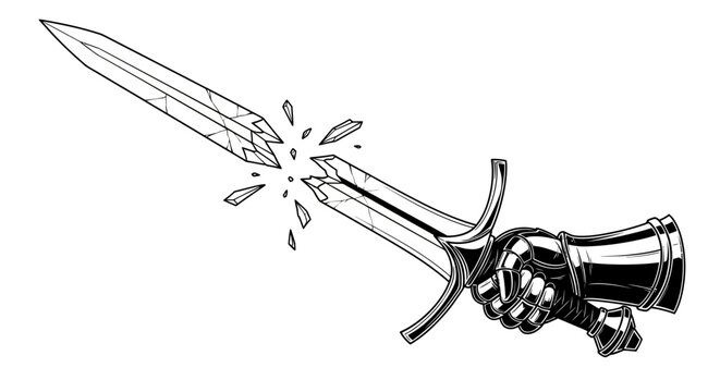 Armored gauntlet holding a broken sword illustration.