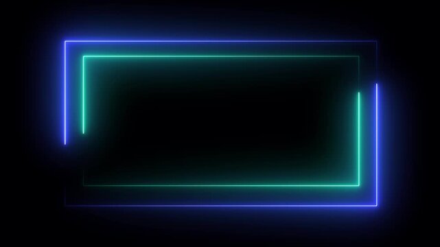 Abstract neon rectangle frame on black background. frame glowing light saber animation.