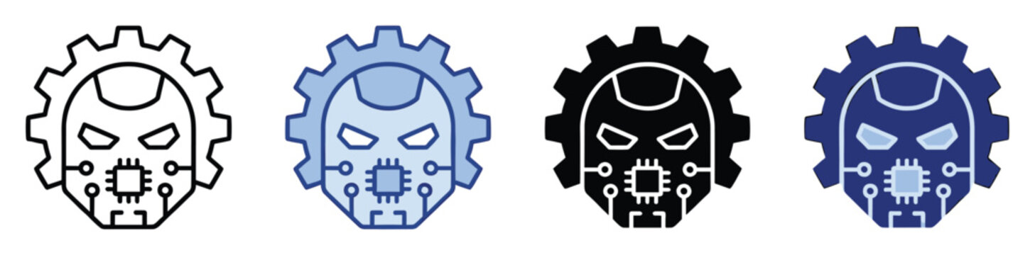 Set of robot head with gear and circuit symbol for artificial intelligence and robotics