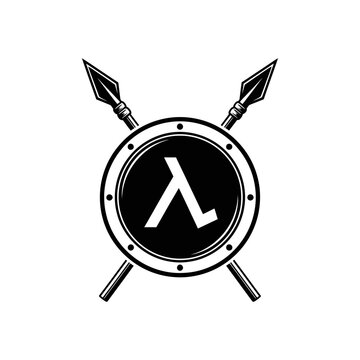 Black and white Spartan shield icon with crossed spears.