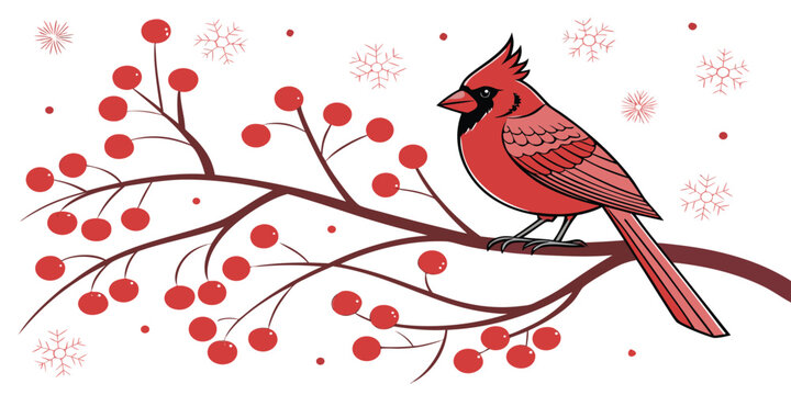 Red Northern Cardinal Bird Perched on Berry-Laden Branch in Winter Line Art Illustration