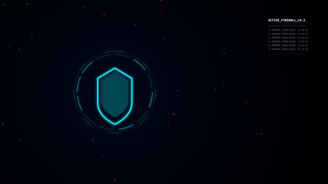 Digital shield icon with futuristic holographic interface displaying data points, set against a dark cyber-themed background with red accents