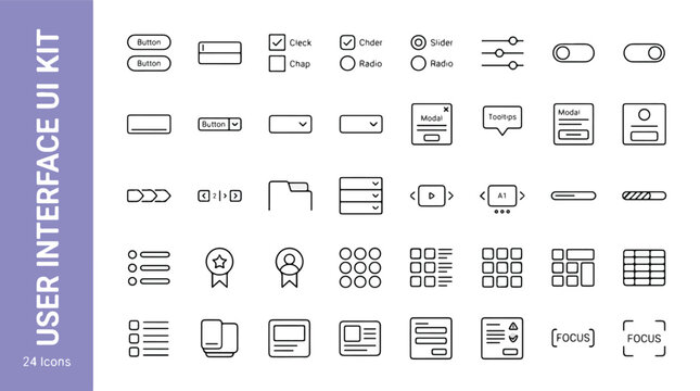 User interface UI kit line icon set featuring button, checkbox, radio, slider, toggle, modal, tooltip, breadcrumb, folder, progress bar, grid layout, and navigation. Web and app design elements.
