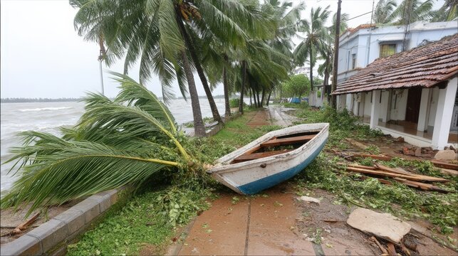 Tropical storm aftermath with fallen palm tree and boat on shore