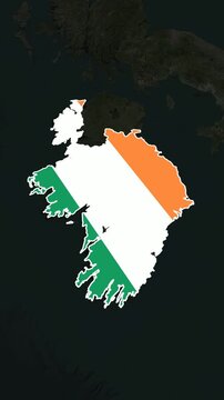 Animated three-dimensional map of the country of Ireland with Flag and white borders in short video 1080p