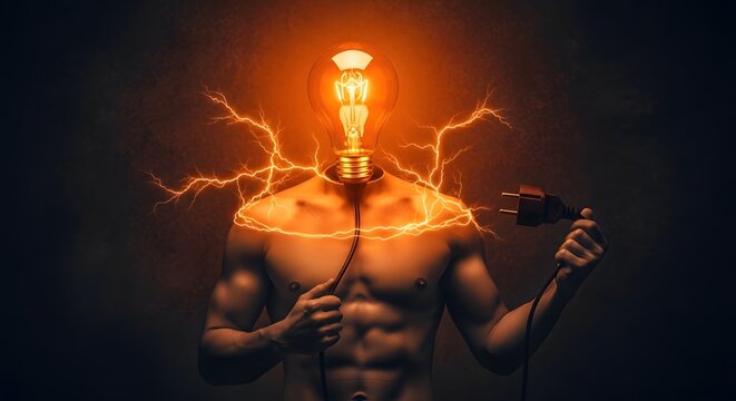 Muscular man holding an electrical cable plug with a bright burning lightbulb head. Human potential and mental energy concept. Powerful torso surrounded by flashing lightning bolts