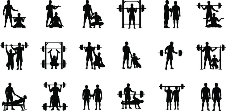 Fitness and gym exercise silhouettes collage isolated on white background for workout and training design