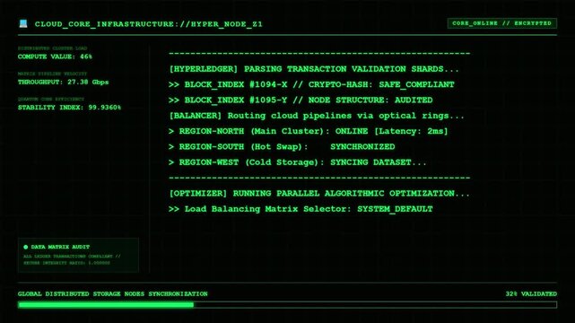 Cloud Core Infrastructure Screen Displaying Cold Storage Dataset Synchronization and Global Distributed Nodes Progress Log.