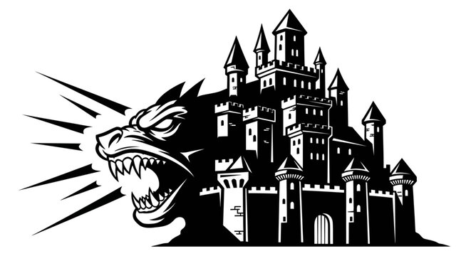Castle fortress and roaring wolf head fantasy mascot vector