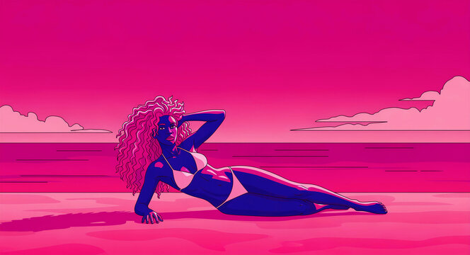 Woman in bikini reclining on a beach in a stylized illustration. Vibrant pink and purple synthwave aesthetic with retro colors. Summer vacation concept, ideal for travel marketing and graphic design.