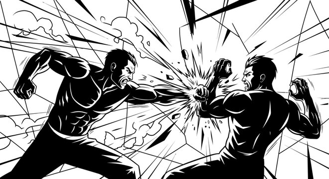 Comic book illustration of two men clashing in a fight