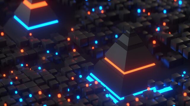 A high-tech 3D landscape with dark geometric cubes and large pyramids glowing in neon blue and orange. A cinematic sci-fi visualization of data and technology.