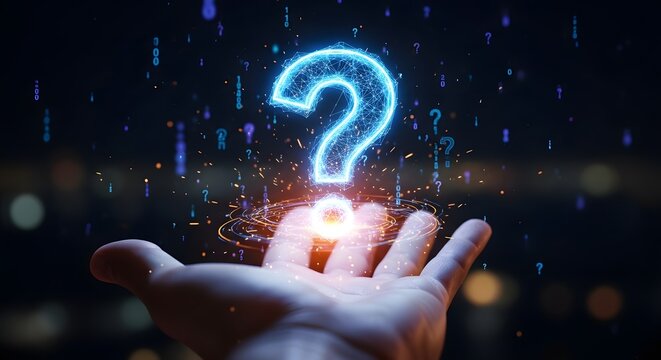 Glowing blue question mark floating above an open human hand. Customer support and artificial intelligence query assistant. Person holding abstract illuminated interrogation symbol