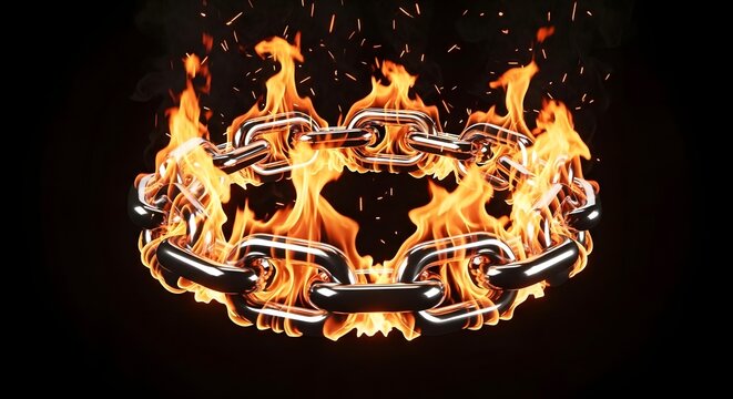 Metal chain links burning with intense bright orange flames. Blockchain security and strong digital protection concept. Metallic heavy chain forming a fiery ring against dark background