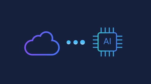 Animated motion graphics showing a database icon connecting to an AI processor chip via pulsing dots. Concept of artificial intelligence database integration and neural network data processing.