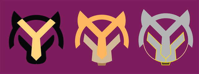Fototapeta premium A collection of minimalist, futuristic lion head logo variations featuring geometric symmetrical designs in various color styles. This modern vector icon set is suitable for esports branding, gaming i