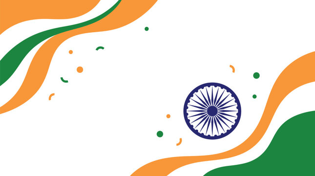 Patriotic Indian Independence Day Background with Ashoka Chakra and Saffron Green Wavy Shapes