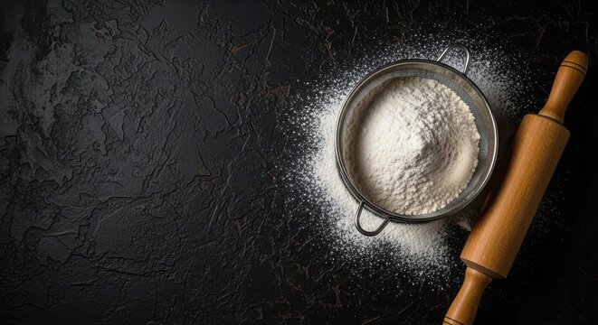 Flour in a metal sieve with a wooden rolling pin on a dark textured background