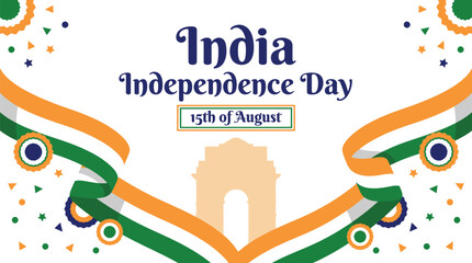 Fototapeta premium India Independence Day Celebration Banner with Historical Monument and Tricolor Ribbons Design