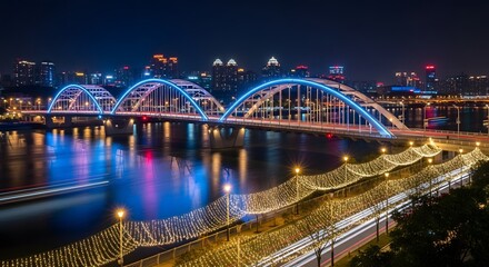 Fototapeta premium Illuminated modern arched bridge spanning a river at night. Urban infrastructure development and smart city traffic. Nighttime cityscape featuring colorful neon lights reflecting on the water surface.