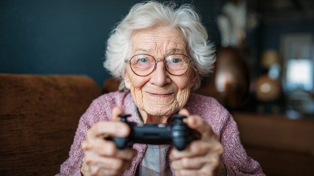 Elderly woman with controller embracing technology and finding joy in gaming