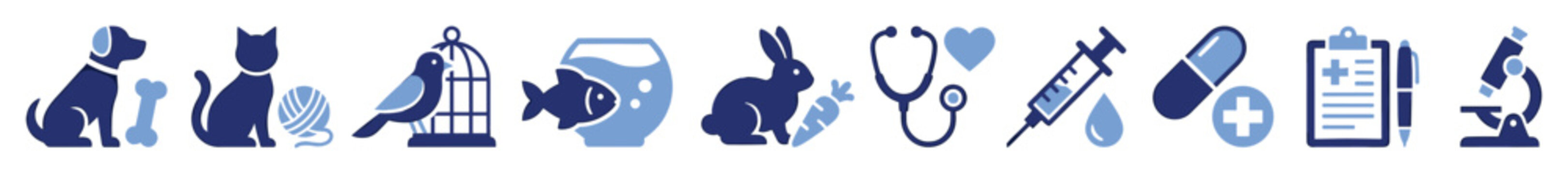 Set of pet care and veterinary medicine icons for animal health services and clinics