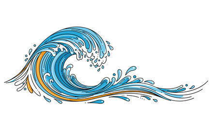 Fototapeta premium Powerful and dynamic ocean wave illustration with swirling blue water and white sea foam in a graphic artistic style.