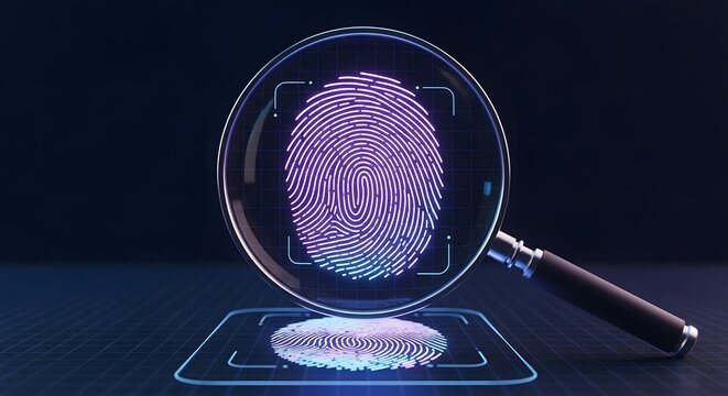 Biometric fingerprint scanning under a magnifying glass. Identity verification and cyber security. Digital scanner identifying unique lines on a glowing blue verification grid.