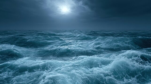 Moody cinematic ocean waves under dark cloudy sky and glowing moonlight