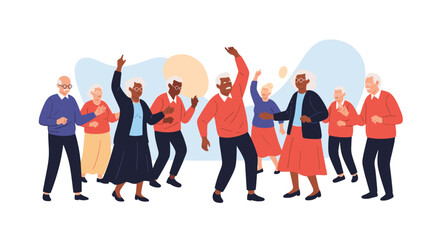 Obraz premium Group of active elderly people dancing and having fun together at a social event showing happy senior lifestyles and community in a bright scene.