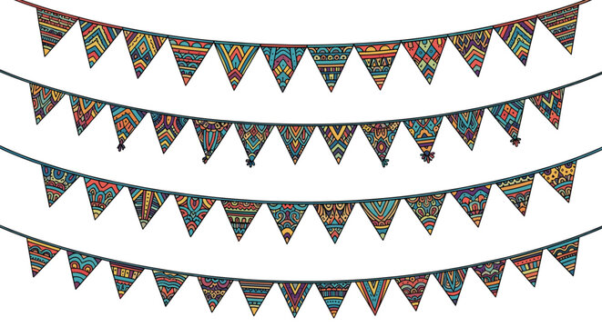Four strings of colorful bunting flags with intricate geometric and tribal patterns on a white background for festive party or event decoration.