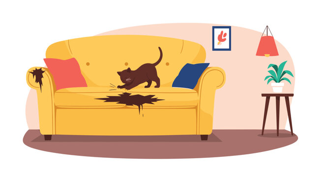 Naughty brown cat scratching a yellow sofa and leaving a mess on the cushion in a living room setting illustrating pet behavior and home damage.