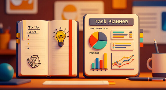 3D task planner and open notebook with business charts on a desk. Includes colorful data visualization and a lightbulb icon for creativity. Productivity concept for business management and planning.