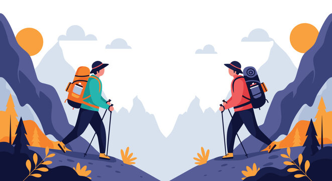 Symmetrical illustration of two hikers with backpacks and walking sticks climbing up mountains during a vibrant sunrise or sunset in nature.