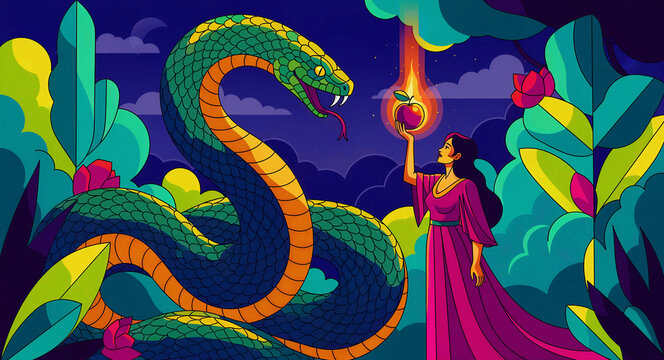 Large serpent snake facing a woman holding a flaming apple in a vibrant garden. Flat vector illustration featuring bold colors and mythological themes. Ideal for religion and temptation concepts.