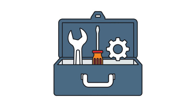 Blue open toolbox with wrench screwdriver and gear icon