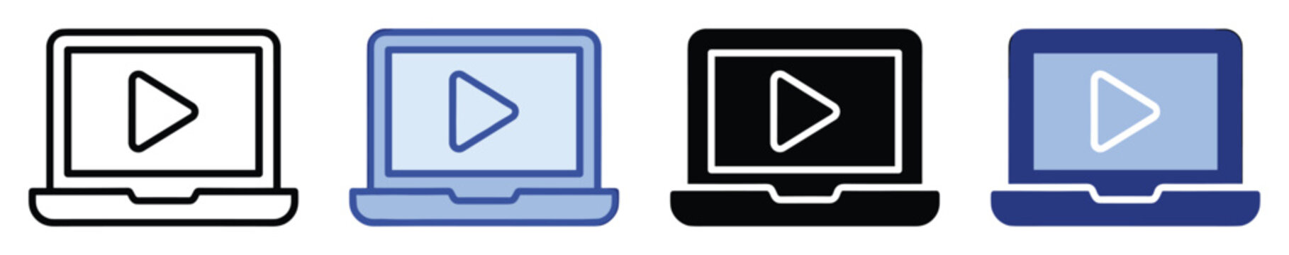 Set of laptop icons with play button, representing digital video and online streaming content.