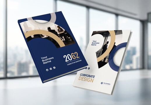 Business Report Cover Template &ndash; Gold and Blue Geometric Layout (A4)
