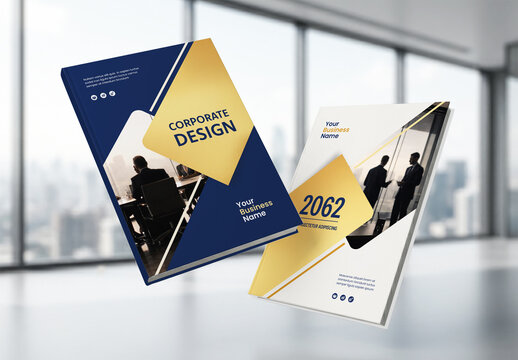 Business Report Cover Template &ndash; Gold and Blue Geometric Layout (A4)

