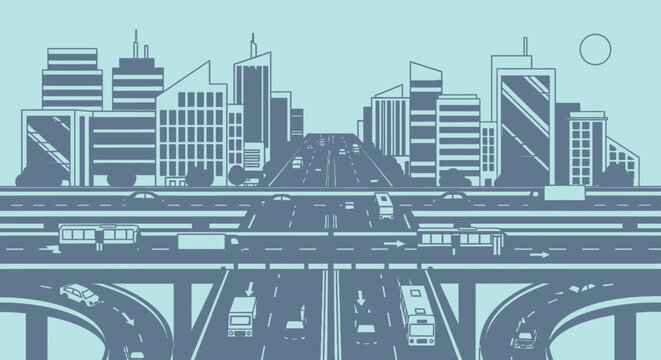 Urban freeway scene illustrated view of highway and cityscape with vehicles