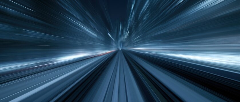 High speed futuristic train passing through neon illuminated megacity at night