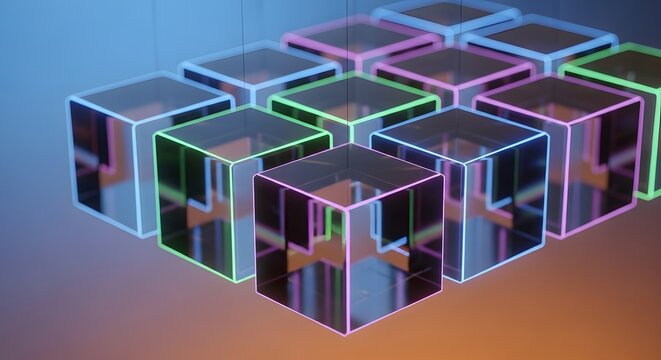 Array of translucent glowing neon glass cubes hanging in rows. Blockchain technology and database structures. Geometric modular server boxes illuminating colorful lights.